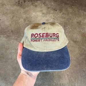 Vintage Roseburg Forest Products Port Authority Strapback Hat Khaki Blue Dad Cap